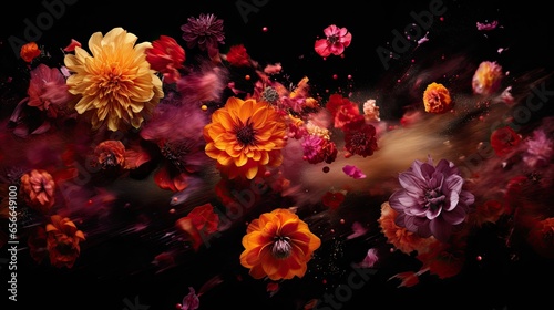 Abstract floral explosion of poppies and dahlias in a burst of reds, oranges, and purples on a pitch-black backdrop. Gorgeous floral design art. 