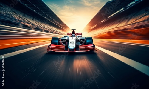 Racing car at high speed. Racer on a racing car passes the track. Motor sports competitive team racing. Motion blur background. Generative AI