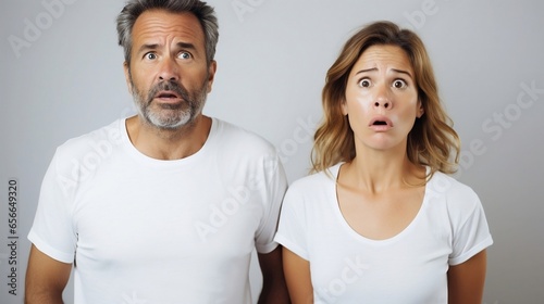 Photo of mature couple showing terrifiying face reaction isolated over white background photo
