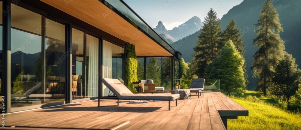 Modern exterior of a luxury villa in a minimal style. Glass house in the mountains. Magnificent mountain views from the veranda of a modern villa. Luxury glamping, Generative AI