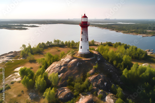 Aerial view of the Lighthouse on the island in summer, Landscape photo