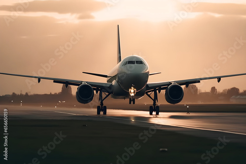 Airplane landing at the airport in the rays of the setting sun with copyspace, for poster, banner background © Canities