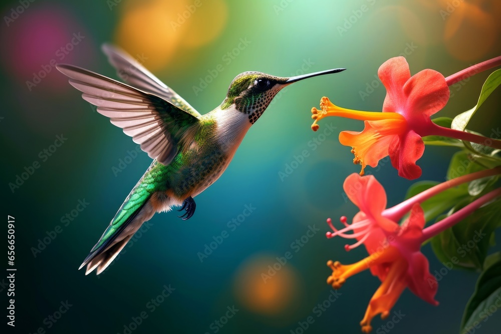 Fototapeta premium Hummingbird flying to pick up nectar from a beautiful flower. Digital artwork, Generative AI 
