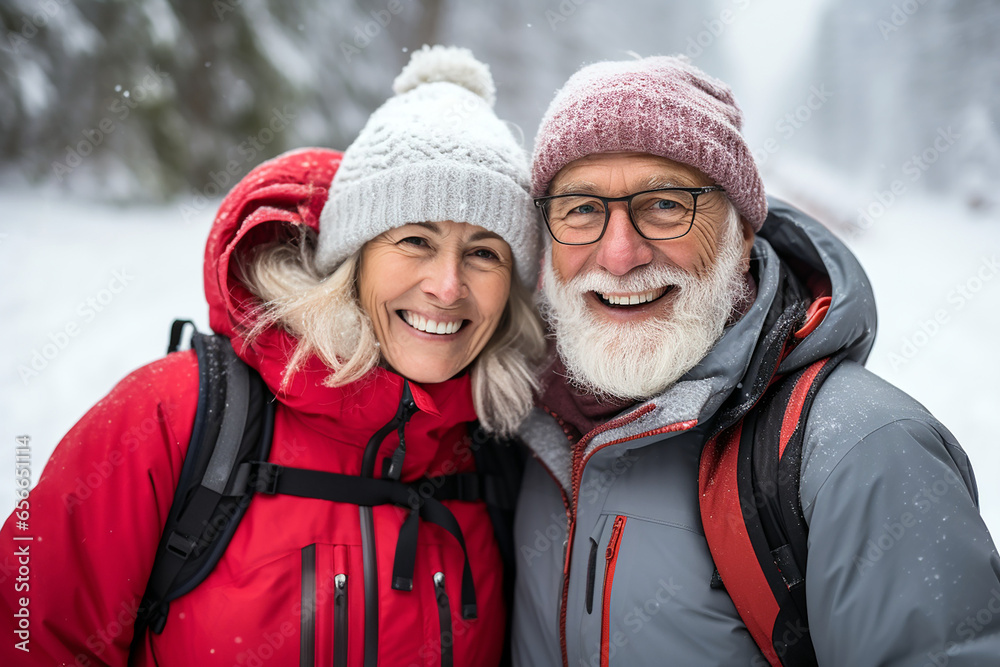 happy elderly couple in winter. tourism advertising campaign.