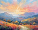 Beautiful mountain landscape. Digital painting. Panoramic view.