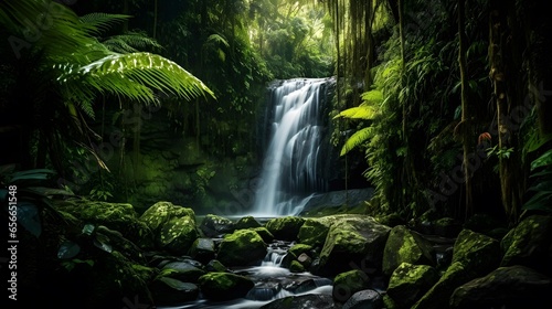 Panoramic view of a waterfall in the rainforest of New Zealand © Iman