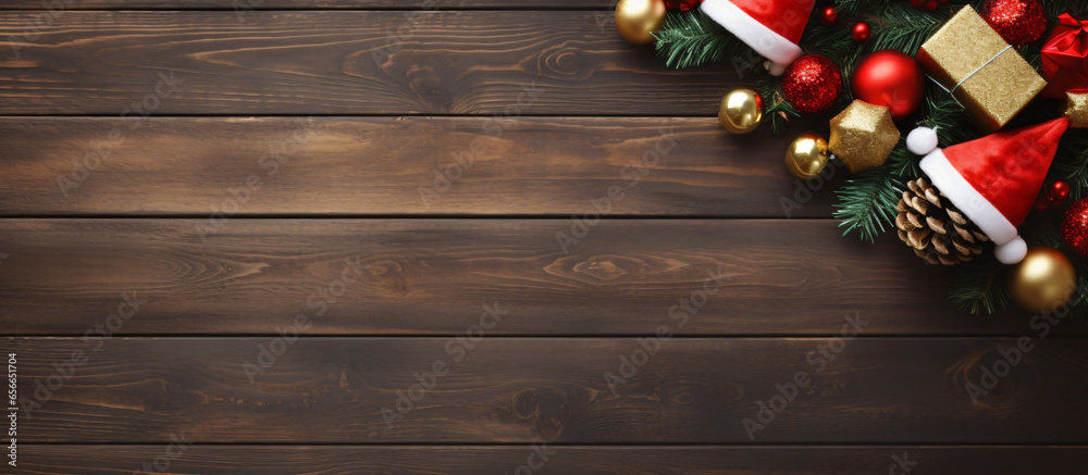 Xmas banner: santa hat with christmas decorations: cone, balls, tape, beads, gift box and Christmas tree on wooden background. Copyspace. New year top view - obrazy, fototapety, plakaty 