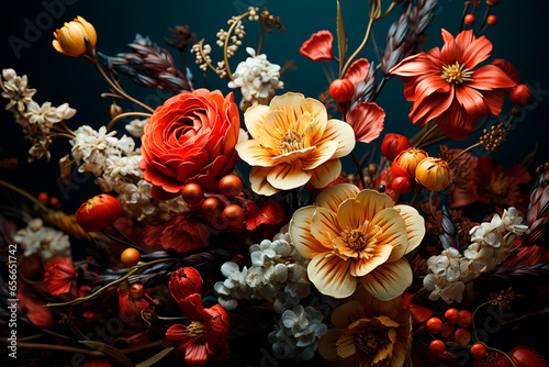 beautiful bouquet of flowers and roses on a dark background © ARAMYAN