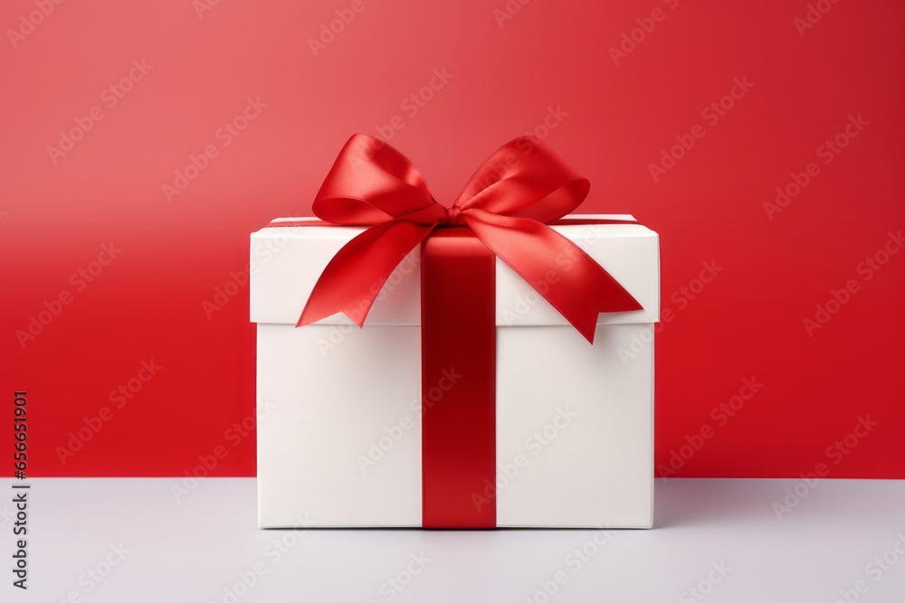 A White Gift Box with a Red Bow, Symbolizing Christmas and Birthday Celebrations, Generative AI A White Gift Box with a Red Bow, Symbolizing Christmas and Birthday Celebrations, Generative AI