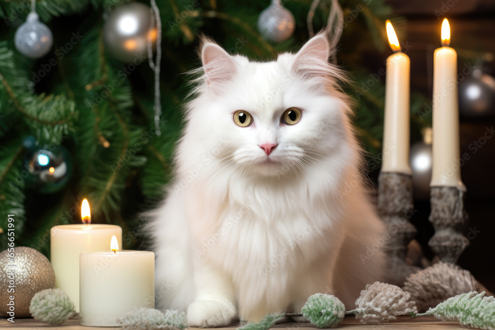 White cat sitting near candles and christmas tree