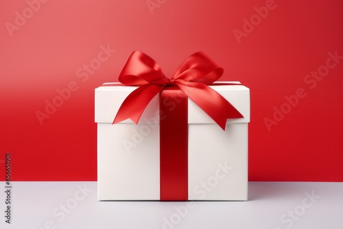 A White Gift Box with a Red Bow, Symbolizing Christmas and Birthday Celebrations, Generative AI © Phanida