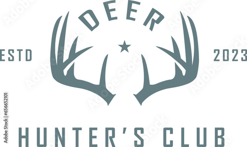 Hunting deer Logo Template. Deer Head and Horns Silhouette Isolated On White Background. Vector object for Labels, Badges, Logos and other Design. Deer Logo, Hunter Logo, Deer Hunting, Retro logo.