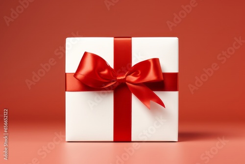 A White Gift Box with a Red Bow, Symbolizing Christmas and Birthday Celebrations, Generative AI