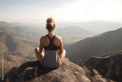Athletic woman in sportswear sitting on a rock and looking at the mountains