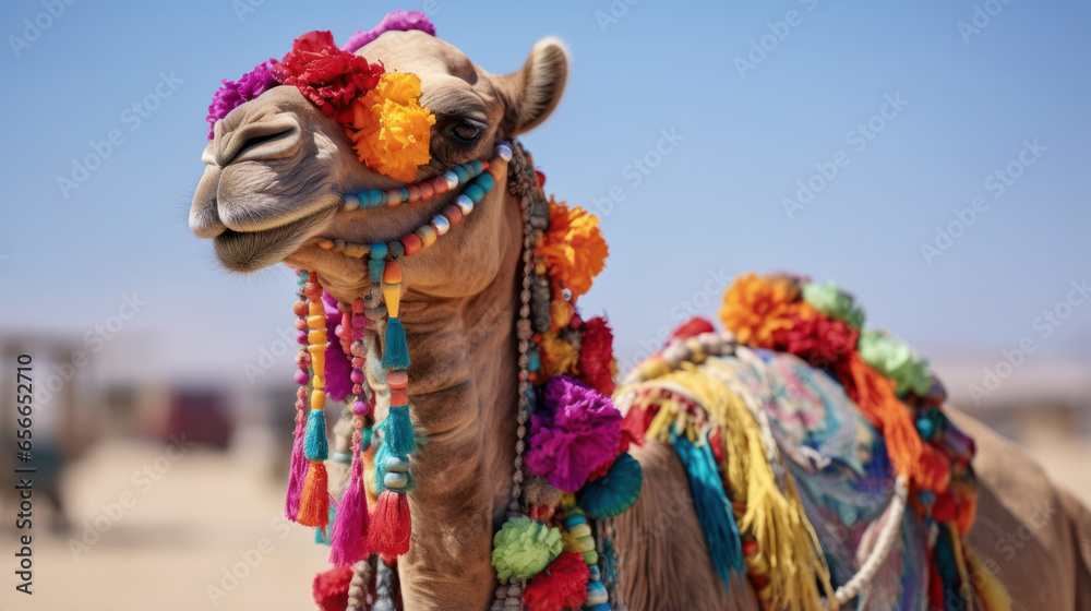 Decorated Arabian camel for a tourist camel ride Decorated Arabian camel for a tourist camel ride