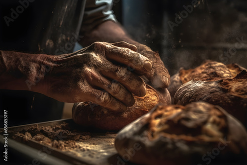 Baker hands kneading fresh bread on wooden table in bakery, side view