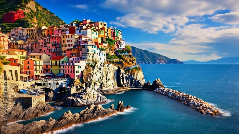 A picturesque and vibrant cityscape nestled amidst the mountainous terrain overlooking the Mediterranean Sea in Europe's Cinque Terre region, featuring traditional Italian architectural charm.