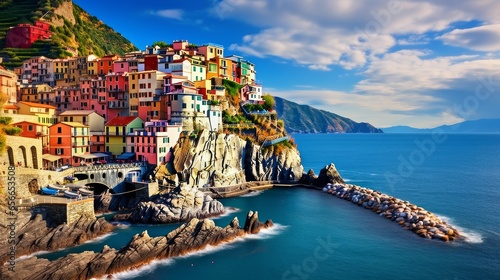 A picturesque and vibrant cityscape nestled amidst the mountainous terrain overlooking the Mediterranean Sea in Europe's Cinque Terre region, featuring traditional Italian architectural charm.