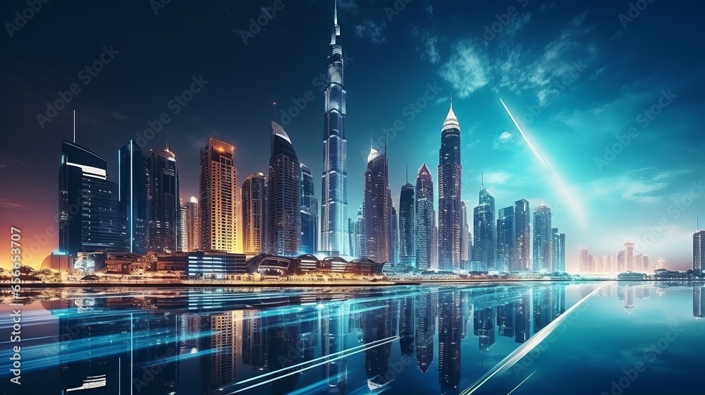 A stunning nocturnal urban landscape in Dubai, United Arab Emirates, showcasing futuristic modern architecture illuminated under the night sky, encapsulating the concept of luxurious travel. - obrazy, fototapety, plakaty 