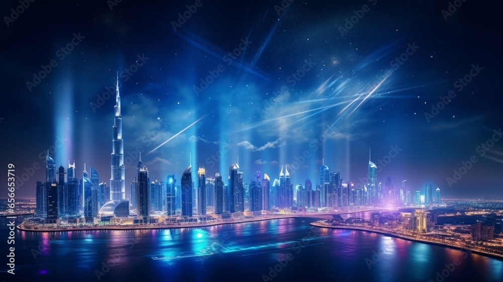A stunning nocturnal urban landscape in Dubai, United Arab Emirates, showcasing futuristic modern architecture illuminated under the night sky, encapsulating the concept of luxurious travel.