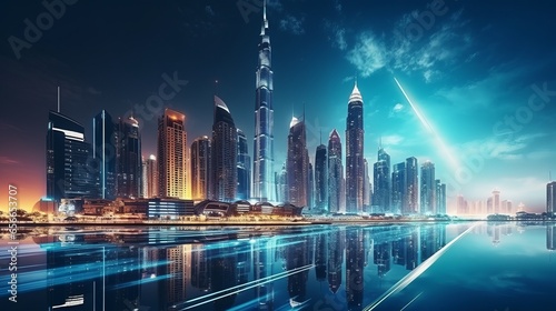 Obraz na plátne A stunning nocturnal urban landscape in Dubai, United Arab Emirates, showcasing futuristic modern architecture illuminated under the night sky, encapsulating the concept of luxurious travel