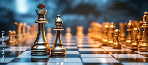 Closeup of a robotic chess player moving pieces on a board with copyspace for text