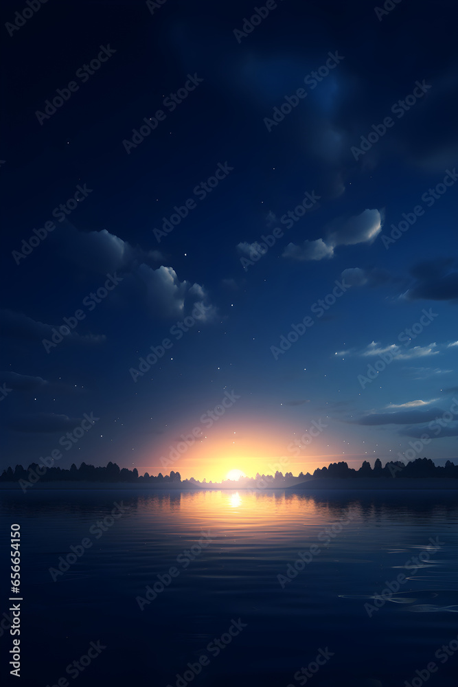 Beautiful fantasy landscape with a full moon in the sky and clouds. Serenity nature background