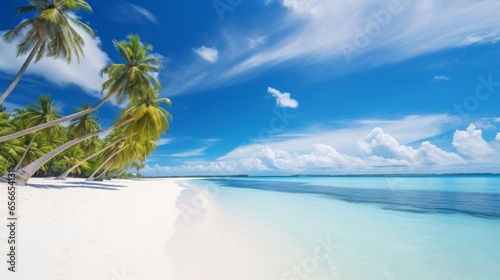 Beautiful beach with white sand  turquoise ocean  green palm trees and blue sky with clouds on Sunny day. Summer tropical landscape  panoramic view.