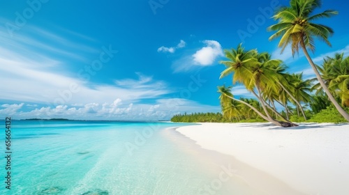 Beautiful beach with white sand, turquoise ocean, green palm trees and blue sky with clouds on Sunny day. Summer tropical landscape, panoramic view. © Marry