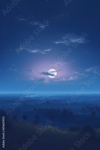 Beautiful fantasy landscape with a full moon in the sky and clouds. Serenity nature background