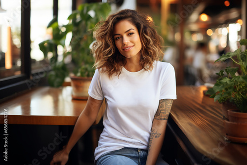 Beautiful latina woman wearing bella canvas white t shirt and jeans, at cafe. Design t-shirt template, print presentation mockup