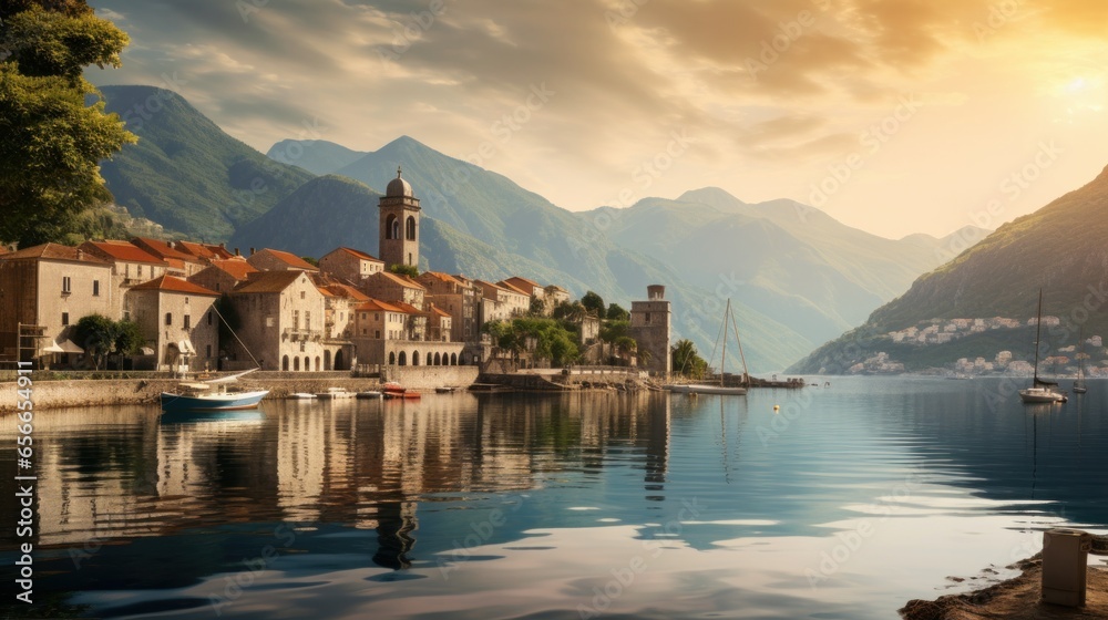 The historical town of Perast during the summer season, situated along the Bay of Kotor in Montenegro. - obrazy, fototapety, plakaty 