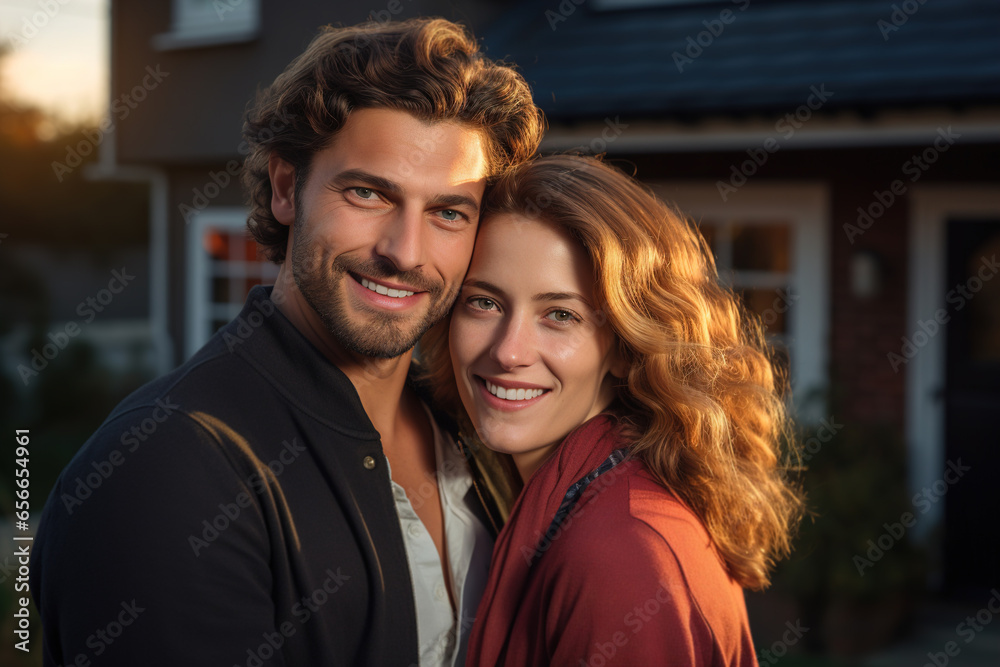 Portrait of smiling adult man husband hugging his beautiful positive wife together at entrance of house outdoors. Happy married couple, romance