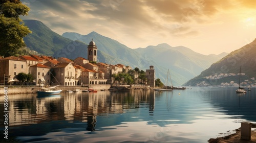 The historical town of Perast during the summer season, situated along the Bay of Kotor in Montenegro. photo