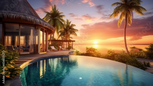 Luxury beach resort bungalow near endless pool over sea © Marry