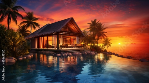 Luxury beach resort bungalow near endless pool over sea