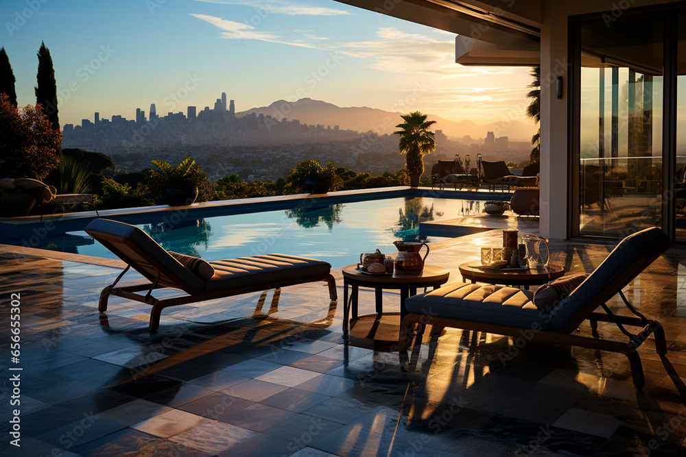 Fototapeta premium modern villa with big windows in evening.
