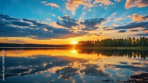 Sunset at coast of the lake. Nature landscape