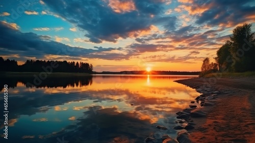 Sunset at coast of the lake. Nature landscape