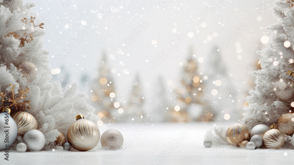 Christmas background with balls and snow, copy space. AI