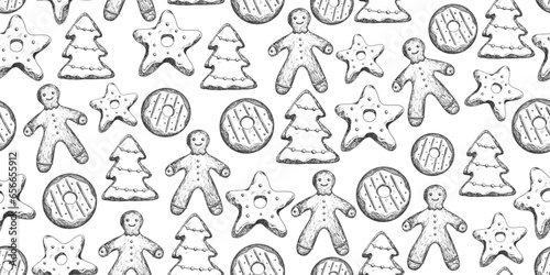 Seamless pattern with sketch style gingerbread man, star, Christmas tree. Background with engraving style cookies. Black and white hand drawn ginger bread