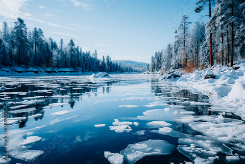 Amazing view of an icy lake with ice floes, snowy forest and mountains. Winter landscape © asauriet