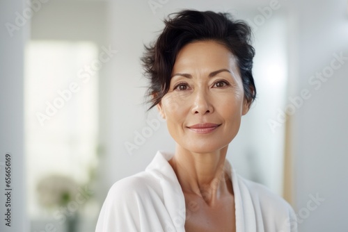 a stunning asian woman in her mid-50s stands in the bathroom after a shower