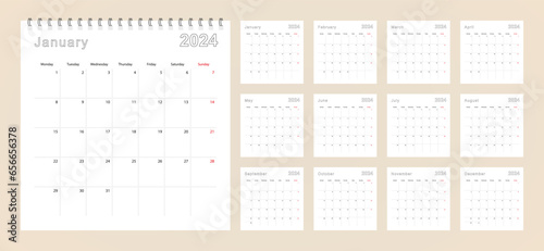 Simple wall calendar 2024 year with dotted lines. The calendar is in English, week start from Monday.