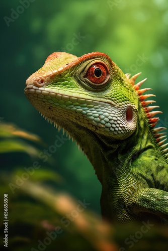 Lizard against green background. Portrait of iguana in nature. Exotic animal in tropical environment