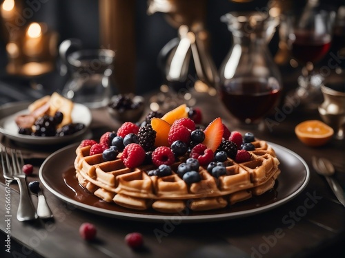 Delicious looking waffle with fruits with dark and blurry background