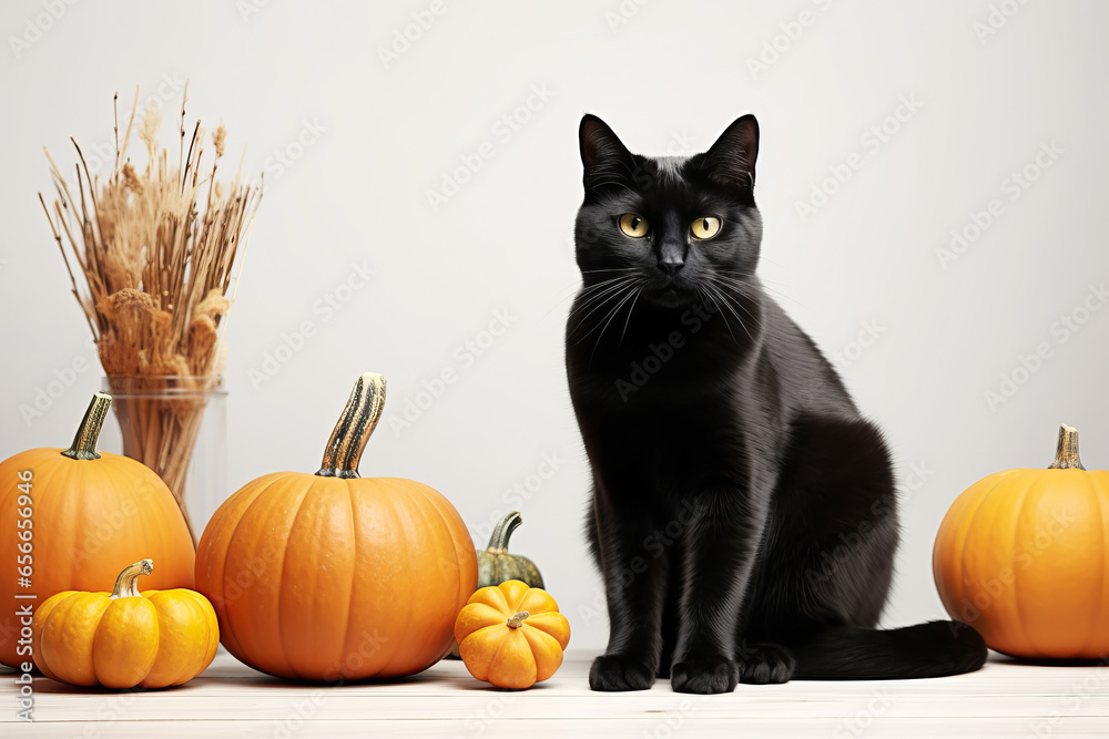 Cute funny black cat in halloween decor room. Happy Halloween party concept Cute funny black cat in halloween decor room. Happy Halloween party concept