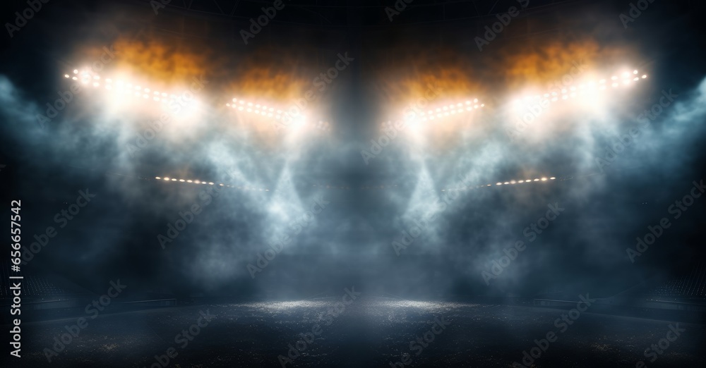 Bright stadium arena lights and smoke, Generative AI