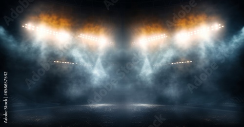 Bright stadium arena lights and smoke, Generative AI photo