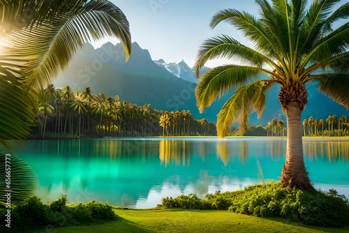 tropical island with palm trees and sea